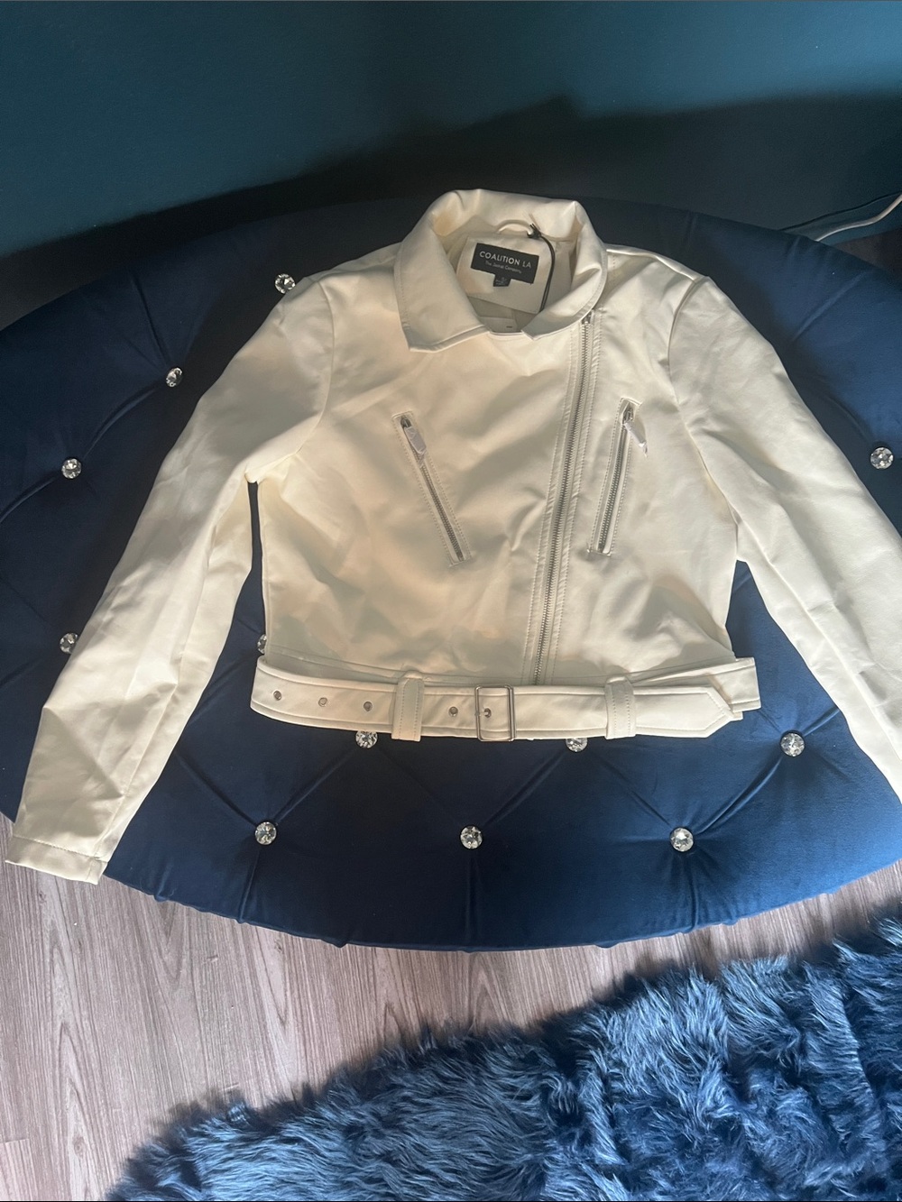 Women's Cream Belted Moto Leather Jacket by Coalition LA